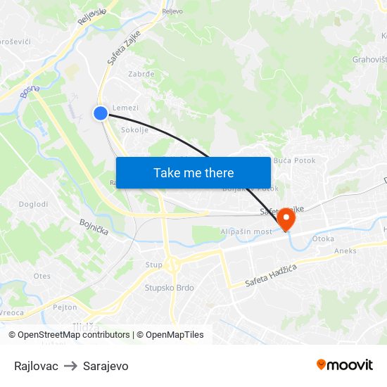 Rajlovac to Sarajevo map