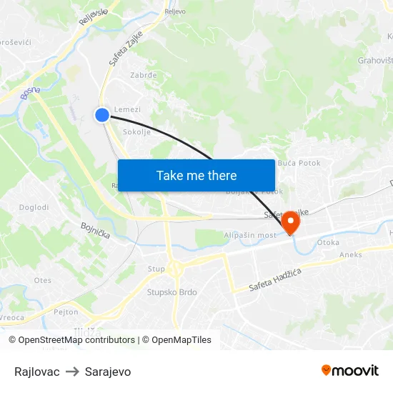 Rajlovac to Sarajevo map