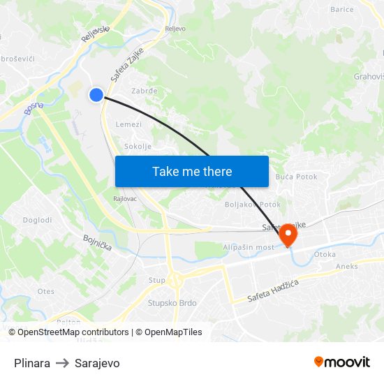 Plinara to Sarajevo map