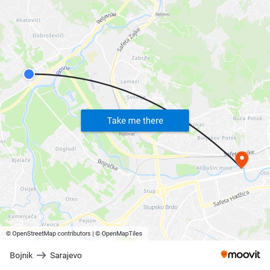 Bojnik to Sarajevo map