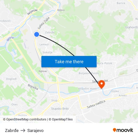 Zabrđe to Sarajevo map