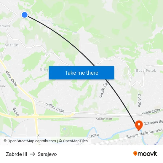 Zabrđe III to Sarajevo map