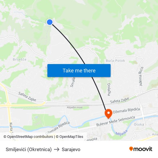 Smiljevići (Okretnica) to Sarajevo map