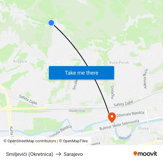 Smiljevići (Okretnica) to Sarajevo map