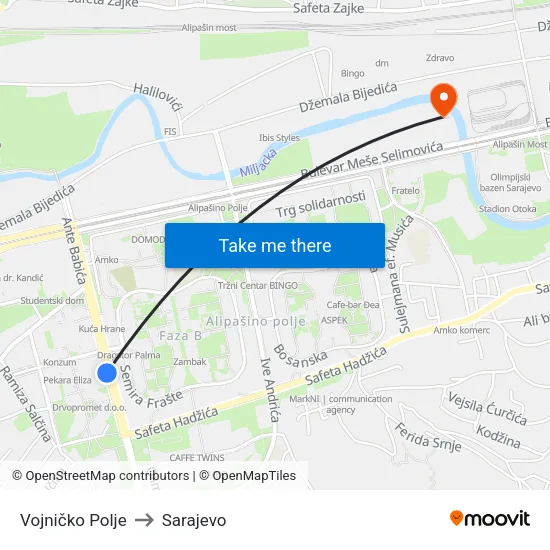 Vojničko Polje to Sarajevo map