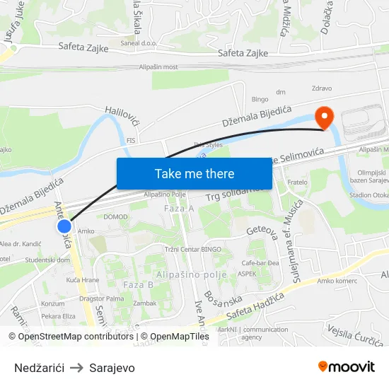 Nedžarići to Sarajevo map