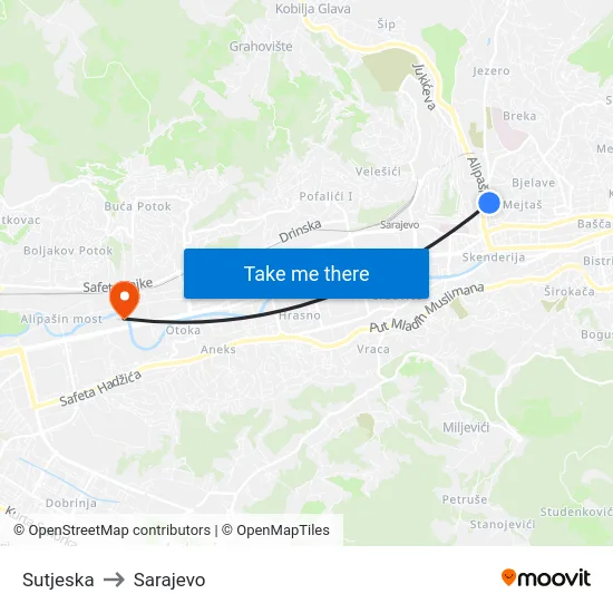 Sutjeska to Sarajevo map