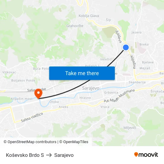 Koševsko Brdo S to Sarajevo map