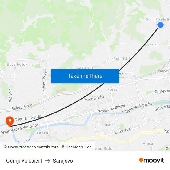 Gornji Velešići I to Sarajevo map
