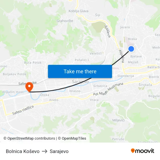 Bolnica Koševo to Sarajevo map