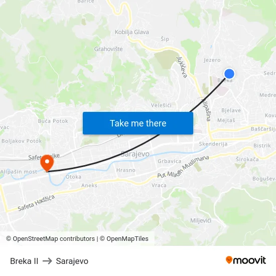 Breka II to Sarajevo map