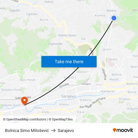 Bolnica Simo Milošević to Sarajevo map