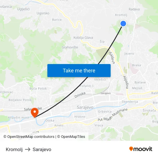 Kromolj to Sarajevo map