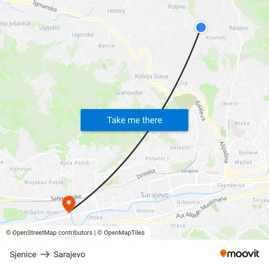 Sjenice to Sarajevo map