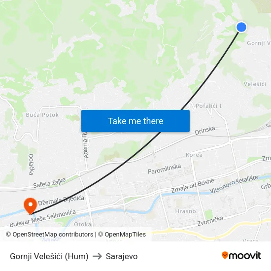 Gornji Velešići (Hum) to Sarajevo map