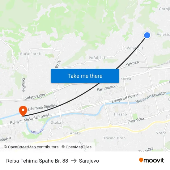 Reisa Fehima Spahe Br. 88 to Sarajevo map