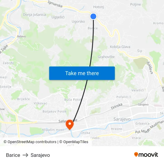 Barice to Sarajevo map