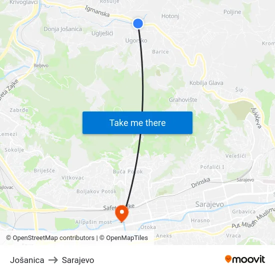 Jošanica to Sarajevo map