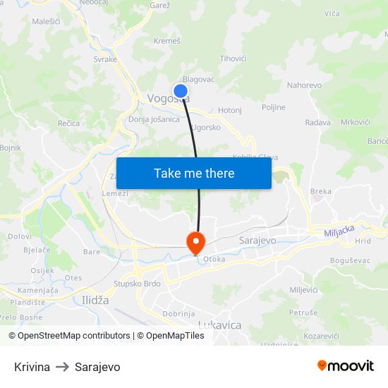 Krivina to Sarajevo map