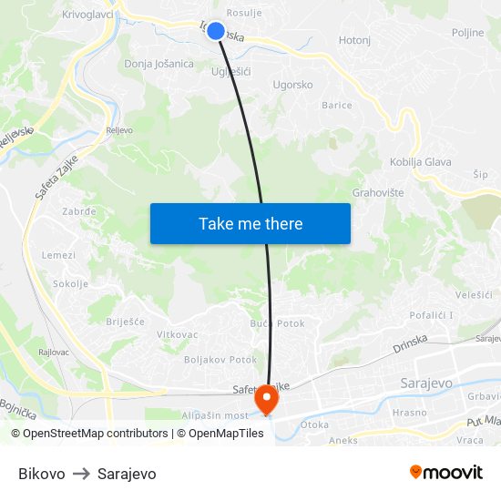Bikovo to Sarajevo map