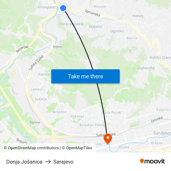 Donja Jošanica to Sarajevo map