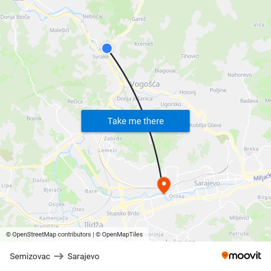 Semizovac to Sarajevo map