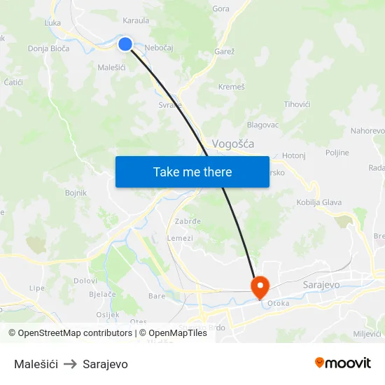 Malešići to Sarajevo map