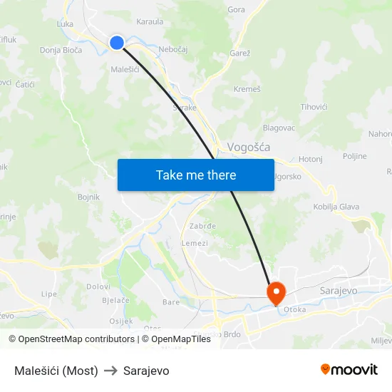Malešići (Most) to Sarajevo map