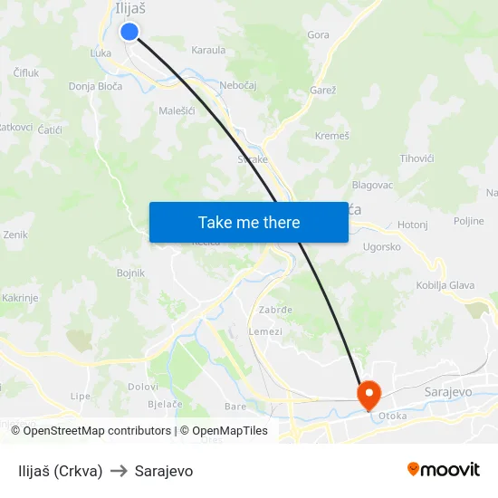 Ilijaš (Crkva) to Sarajevo map