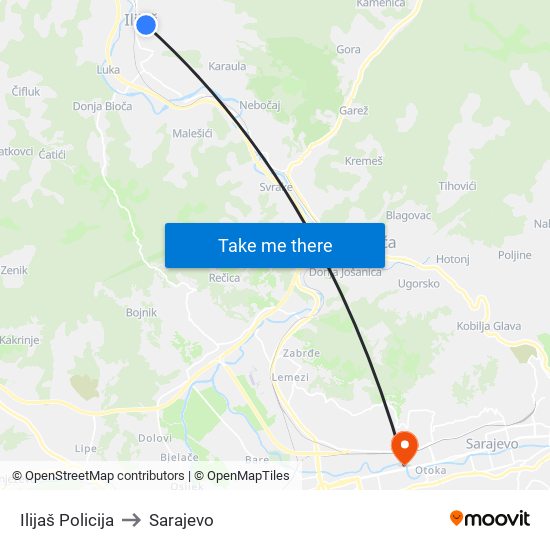 Ilijaš Policija to Sarajevo map