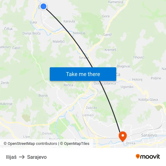 Ilijaš to Sarajevo map