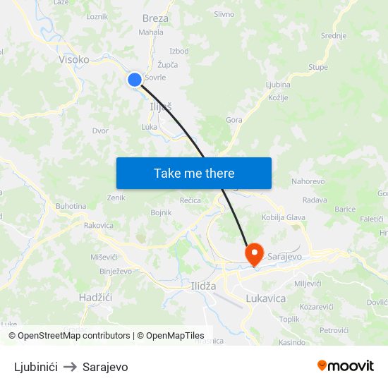 Ljubinići to Sarajevo map