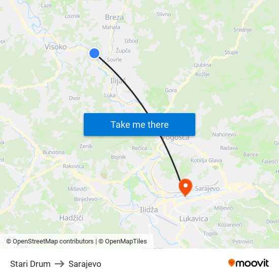 Stari Drum to Sarajevo map