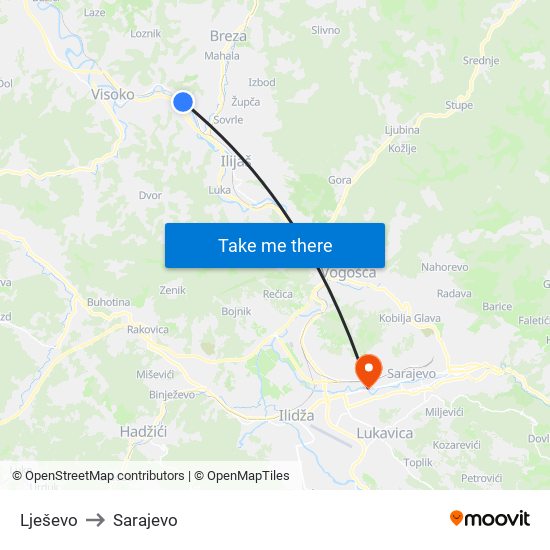 Lješevo to Sarajevo map