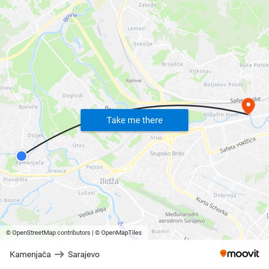 Kamenjača to Sarajevo map