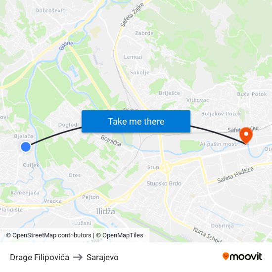 Drage Filipovića to Sarajevo map