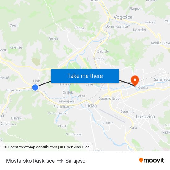 Mostarsko Raskršće to Sarajevo map