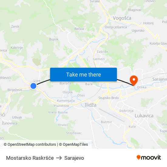 Mostarsko Raskršće to Sarajevo map