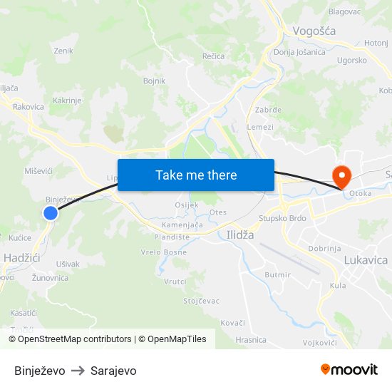 Binježevo to Sarajevo map