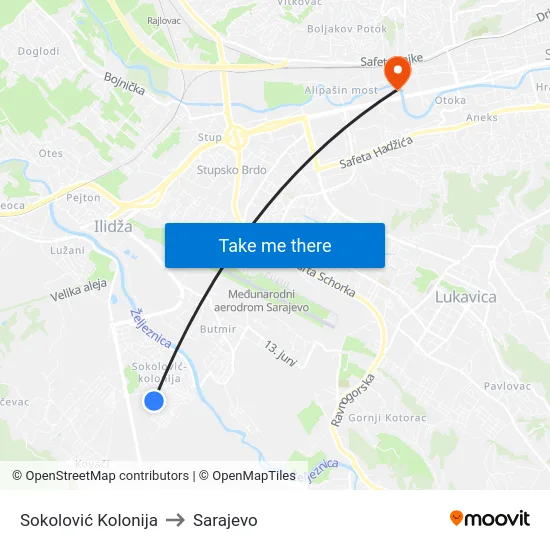 Sokolović Kolonija to Sarajevo map