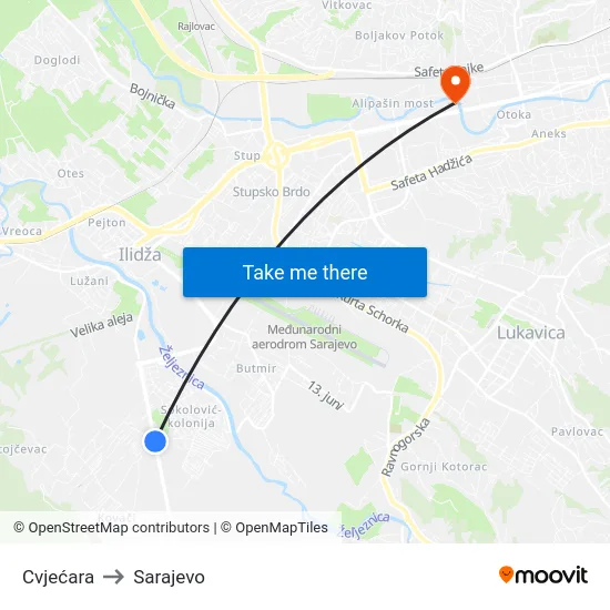 Cvjećara to Sarajevo map