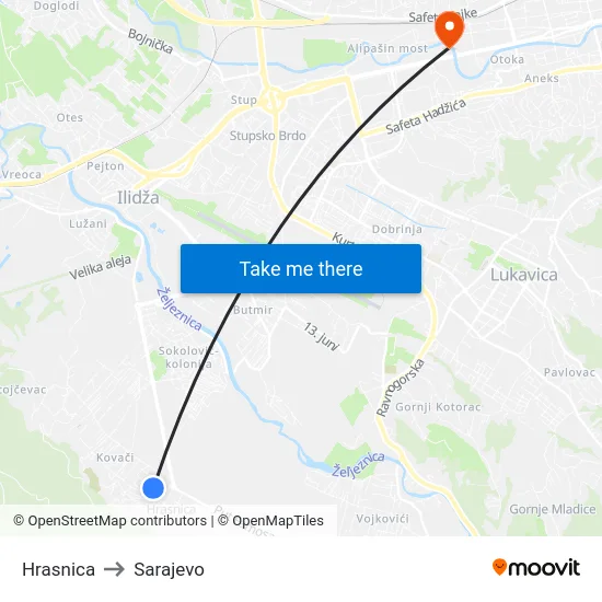 Hrasnica to Sarajevo map