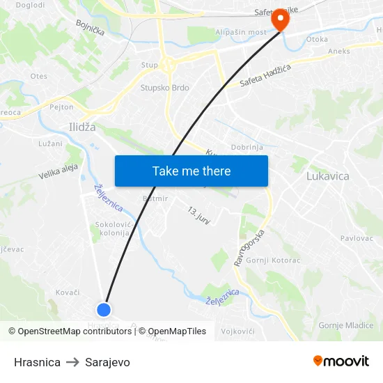 Hrasnica to Sarajevo map