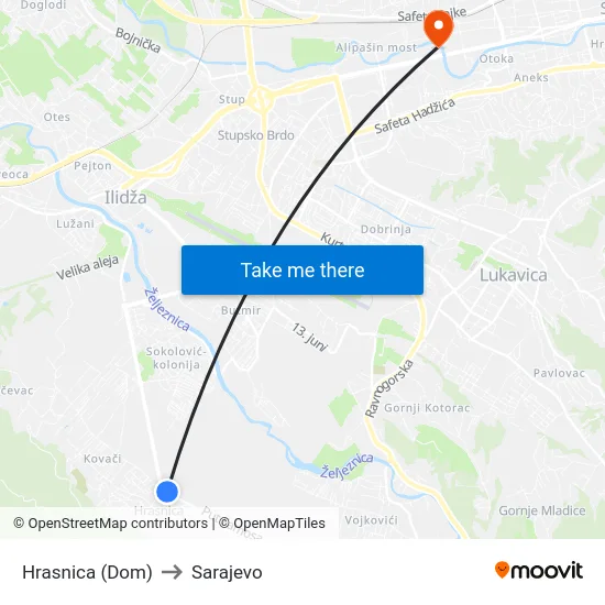 Hrasnica (Dom) to Sarajevo map