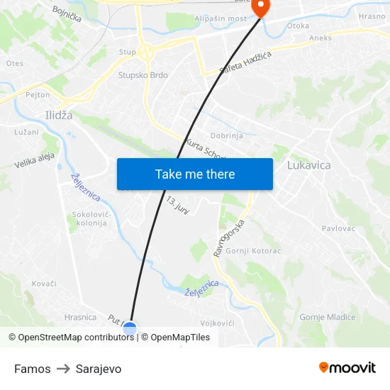 Famos to Sarajevo map