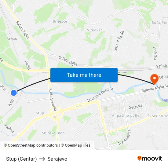 Stup (Centar) to Sarajevo map