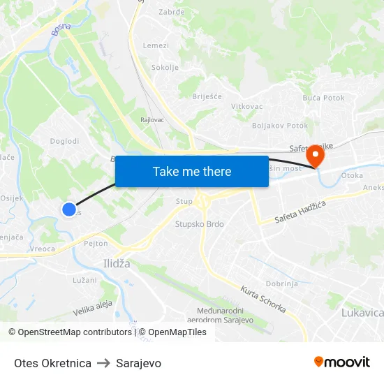Otes Okretnica to Sarajevo map