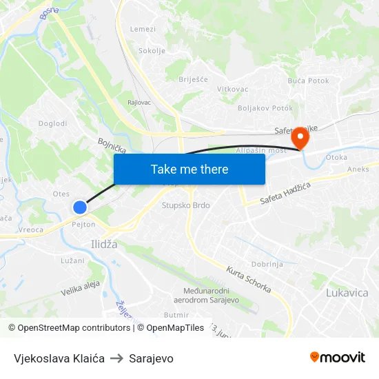Vjekoslava Klaića to Sarajevo map