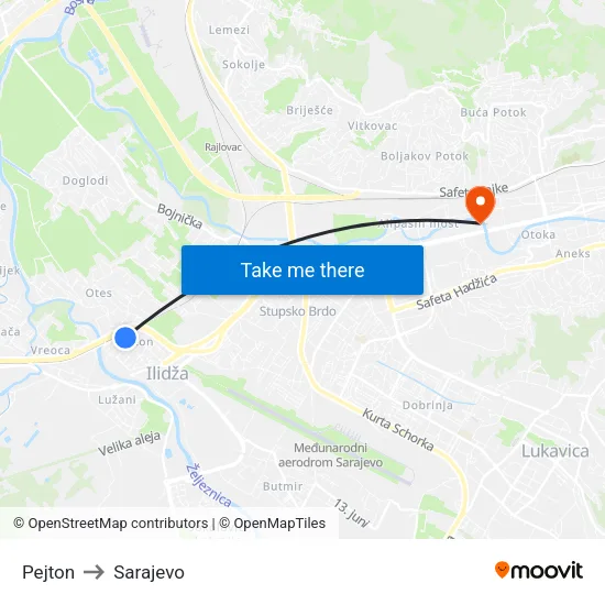 Pejton to Sarajevo map