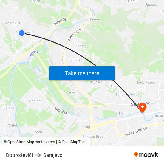 Dobroševići to Sarajevo map